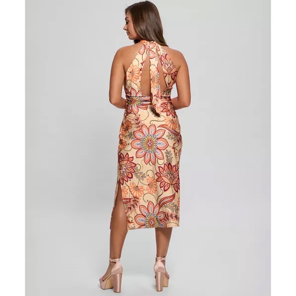 GUESS Southwest Jacobean Print Marsha Dress 14 NEW Peach Multi Halter Midi Foral - Picture 2 of 16